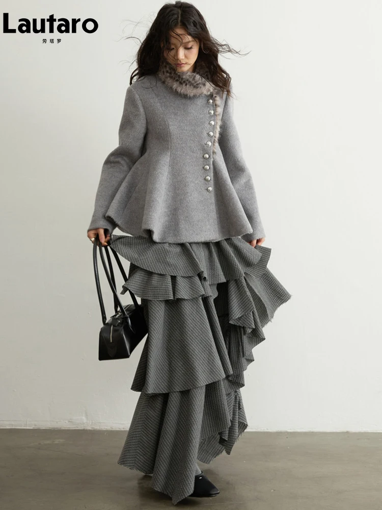 Lautaro Spring Autumn Grey Striped Ruffled Asymmetrical Tiered Skirt Women Long Elegant Chic Luxury Designer Clothes Fashion