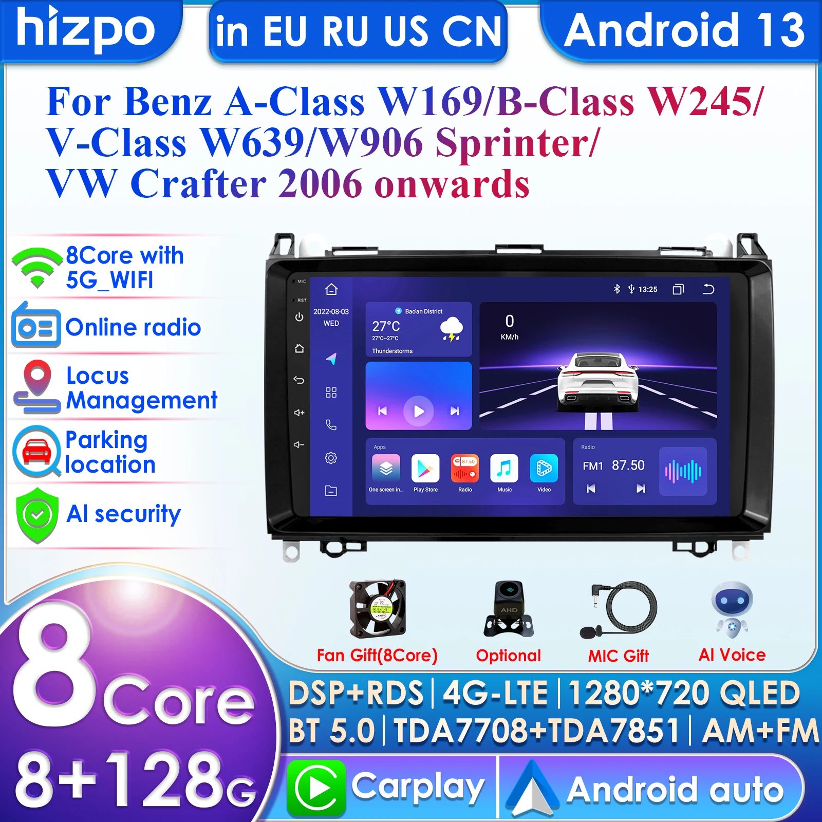 8+128G Android 12 Car Radio Multimedia Player for Mercedes Benz W169 W245 W639 W906 Sprinter B160 B170 B200 Vito Viano A/B Class