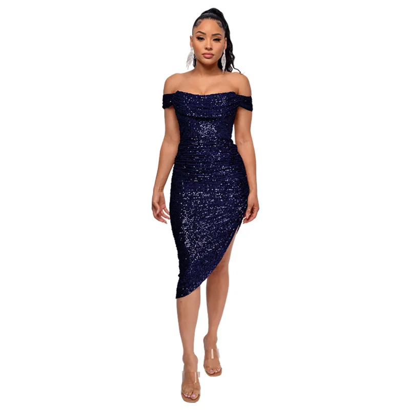 Plus Size Vrouwen Sexy Off Schouder Sequin Bodycon Knielengte Jurk Avond Zomer 2024 Fashion Party Club Prom Jurken Xiny 618