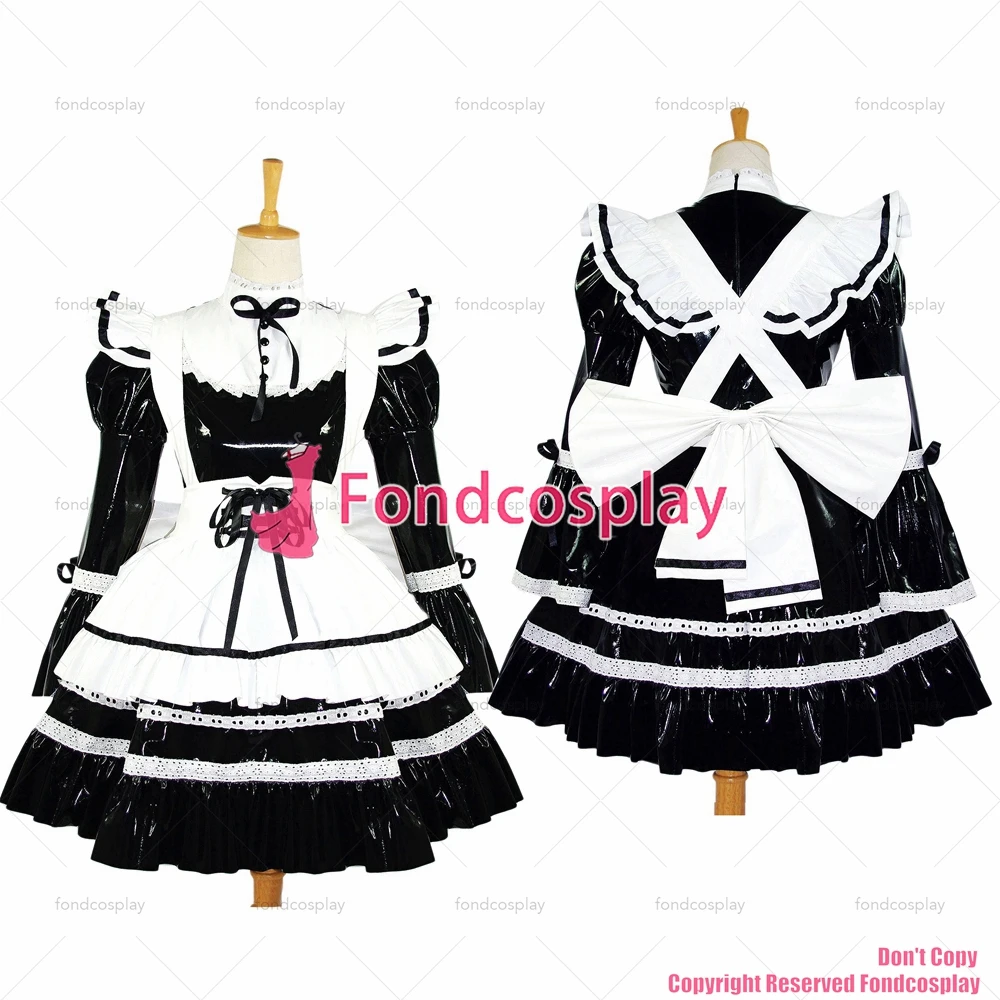 fondcosplay adult sexy cross dressing sissy maid short Black thin Pvc Dress Lockable Uniform white apron Custom-made[G616]