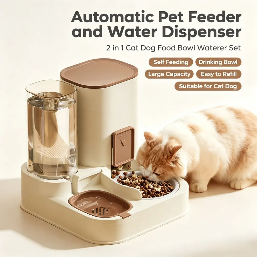 Automatic Pet Feeder and Water Dispenser 2 in 1 Cat Dog Food Bowl Waterer Set Self Feeding Drinking Bowl for Pets