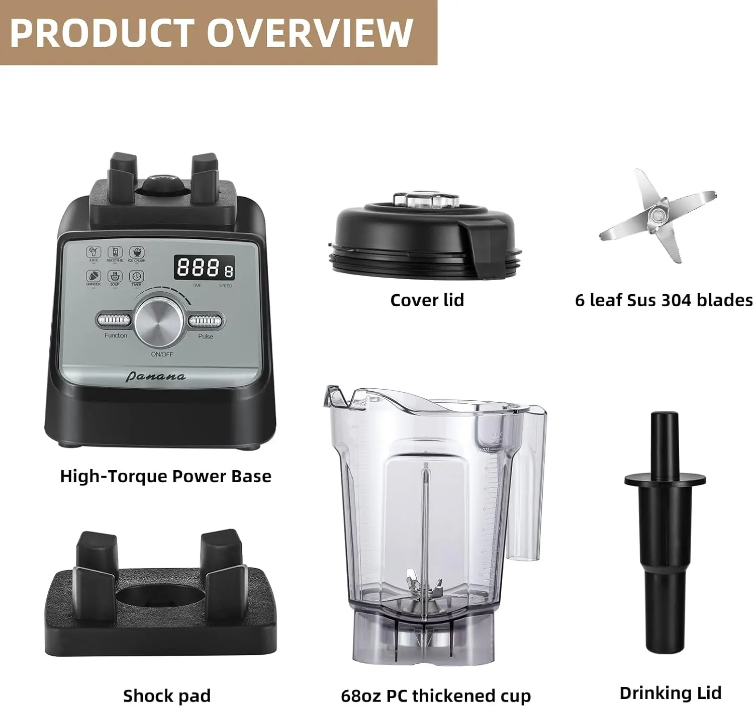 เครื่องปั่นมืออาชีพ, เครื่องปั่นบนเคาน์เตอร์, เครื่องปั่นสมูทตี้สําหรับบ้าน, ความจุขนาดใหญ่ 1400W 68 ออนซ์พร้อมฟังก์ชั่นอัจฉริยะ 5 ฟังก์ชั่นสําหรับน้ําแข็ง