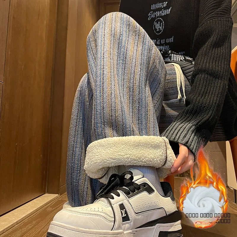 

Lamb Velvet Fleece Lined Men's Sweatpants American Style Heavyweight Winter Straight Leg Wide Leg Pants Drapey Loose Fit