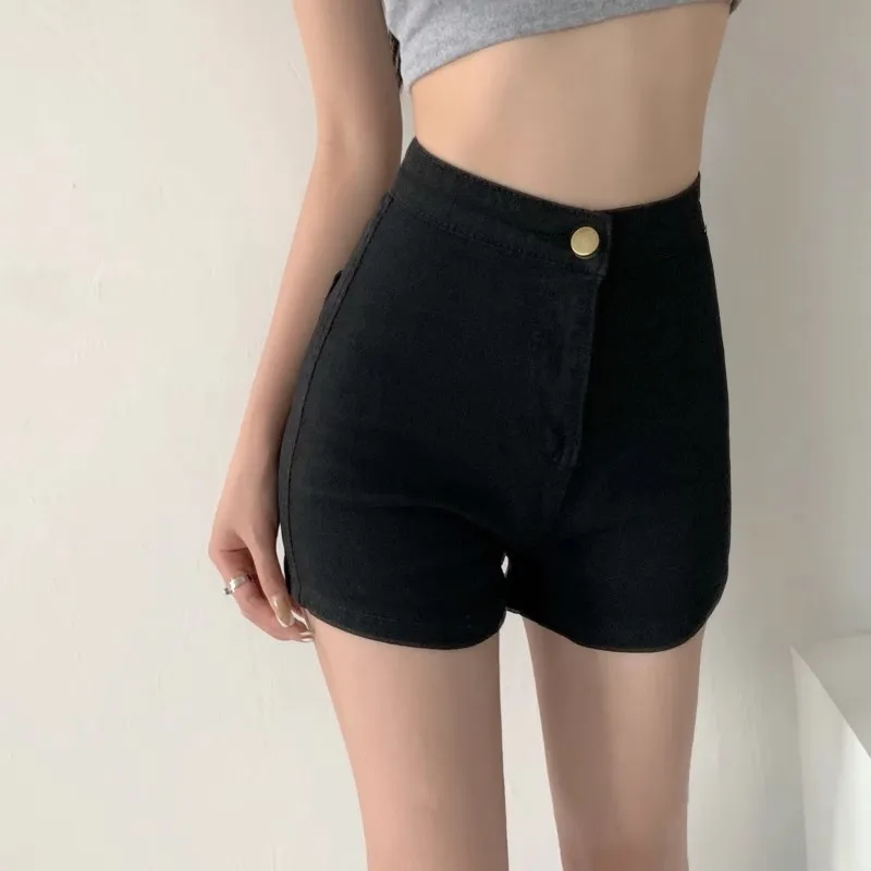 2026 New Motorcycle Shorts Summer Women High Waist Button Wigh Leg Jeans Shorts Casual Female Loose Blue Denim Shorts Black