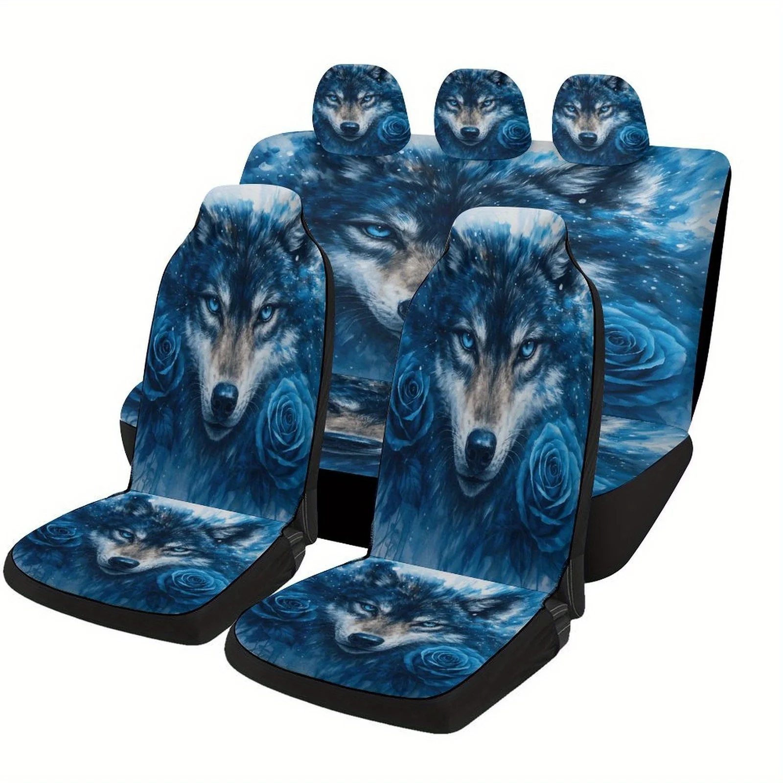 Set Of Car Seat Covers Featuring Blue Wolf Roses, Stylish And Unique, Suitable For Most Vehicles. This Complete Set Includes Cov