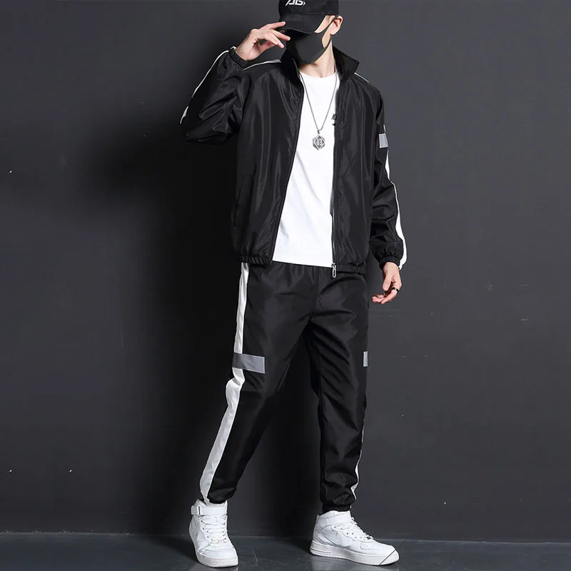 Reflective Sportswear Sets Men Patchwork Hip Hop Tracksuit Suit Male Sweatshirt +Sweatpants Streetwear 2 Pieces Mens Sweat Suits