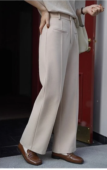 Elegant Wool-Like Wide Leg Pants High Waist Trousers for Women French Style Warm Winter Office Casual Loose Fit Long Pants