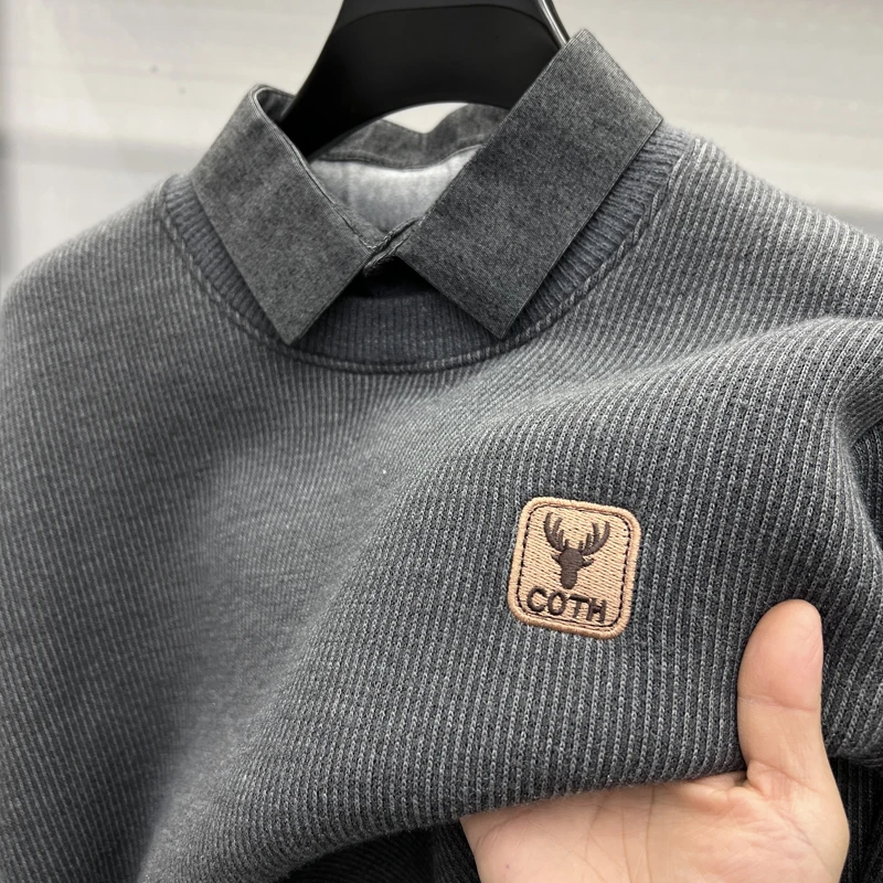 الرجال مصمم الأصلي الصوف مبطن متماسكة سترة وهمية قطعتين قميص طوق البلوز الدافئة عادية الخريف الشتاء كم طويل