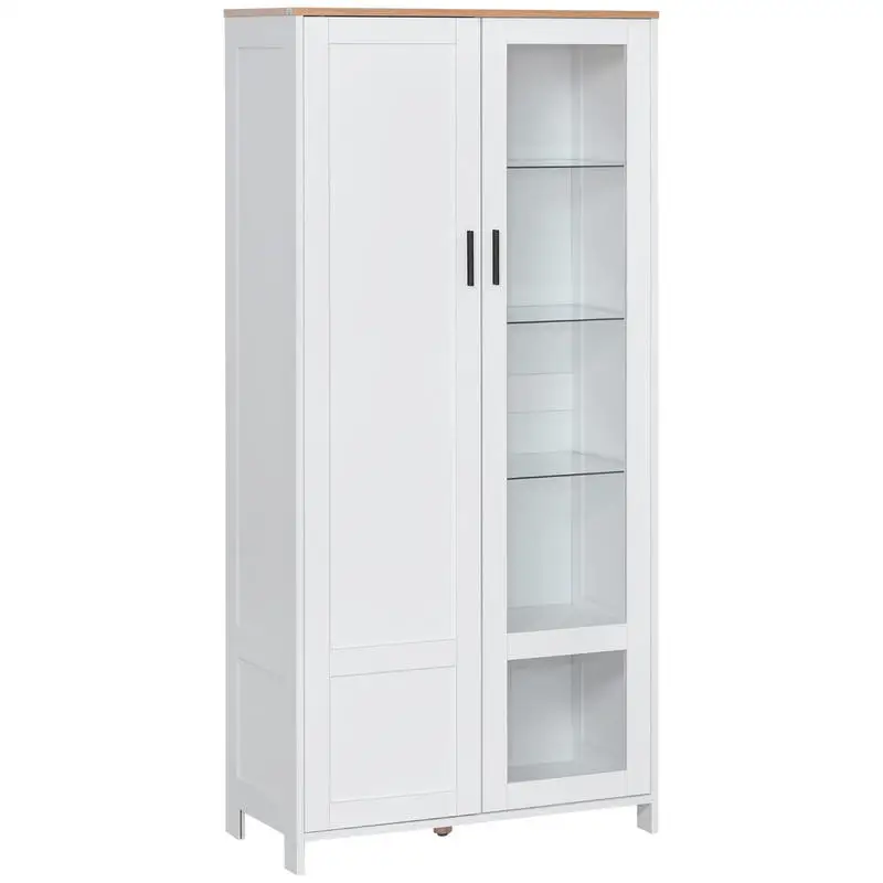 Mueble de cocina tipo buffet, vitrina con 7 estantes, de los que 3 son de vidrio, 76 x 36 x 160 cm, blanco