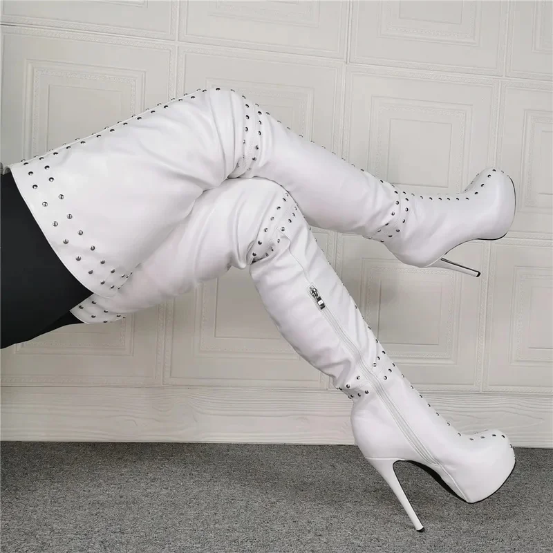 Women White Thigh High Boots Rivet Studded Platform Stiletto Heels Over The Knee Long Boots Zipper Nightclub Party Performance F