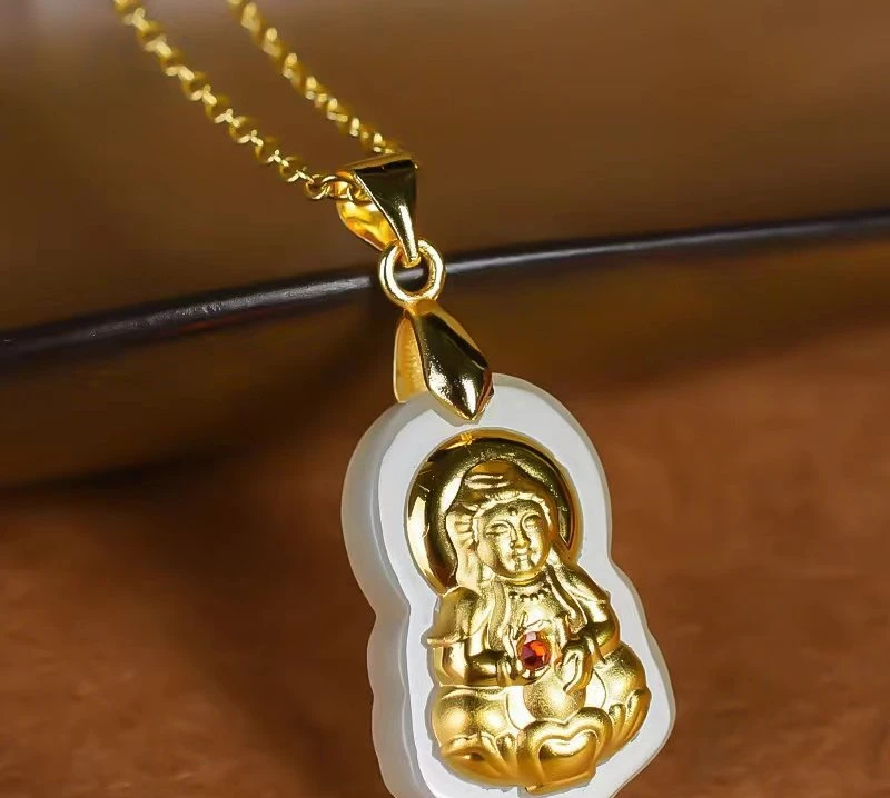 

Natural Hetian jade gold inlaid jade 4D full gold Guanyin pendant exquisite fashion smiling Buddha necklace