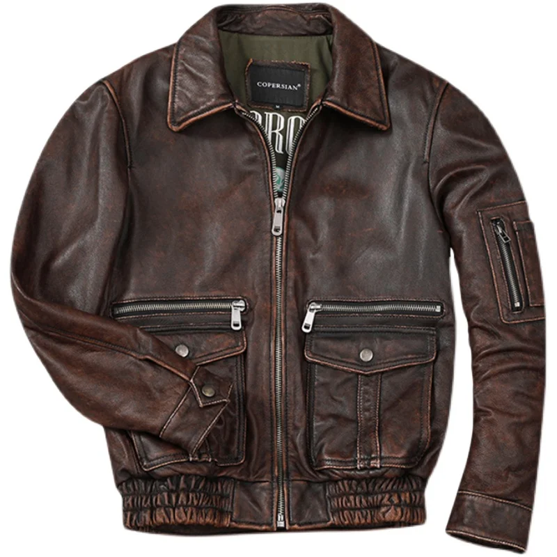 Men Stone Distressed Genuine Leather Jacket New Top Layer Cowhide Air Force Flight Jackets Vintage Fashion Redbrown Corium Coat