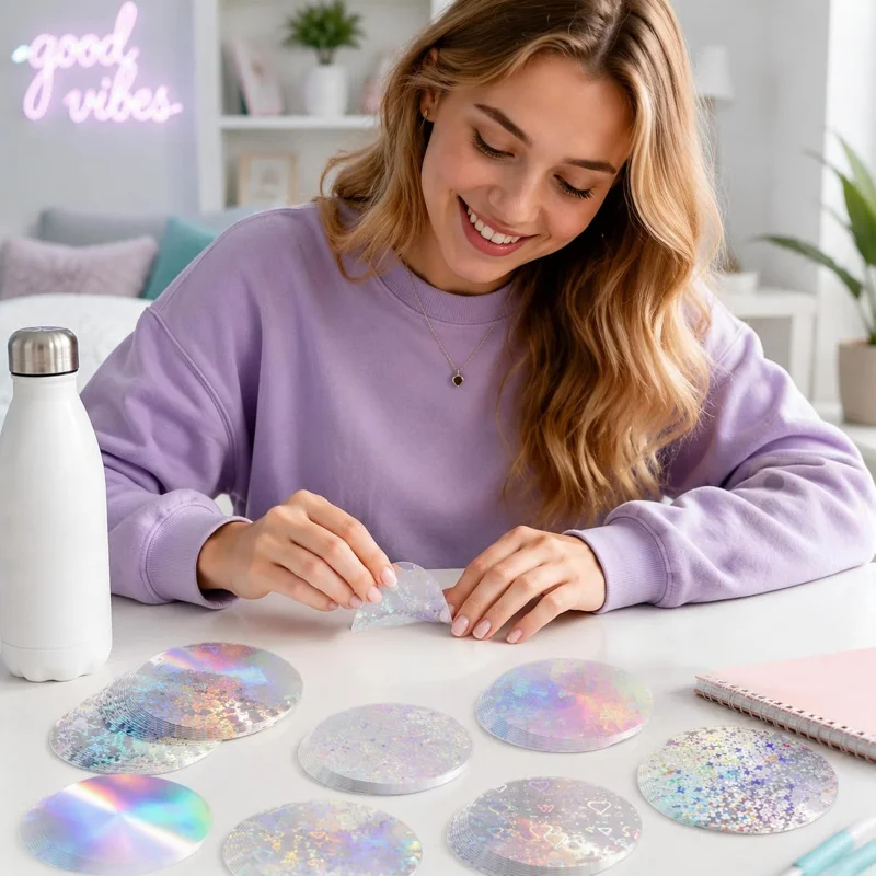 100pcs Badge Protective Film Circular Holographic Glitter Films for Button, Splashproof, Button Maker Machine Specific