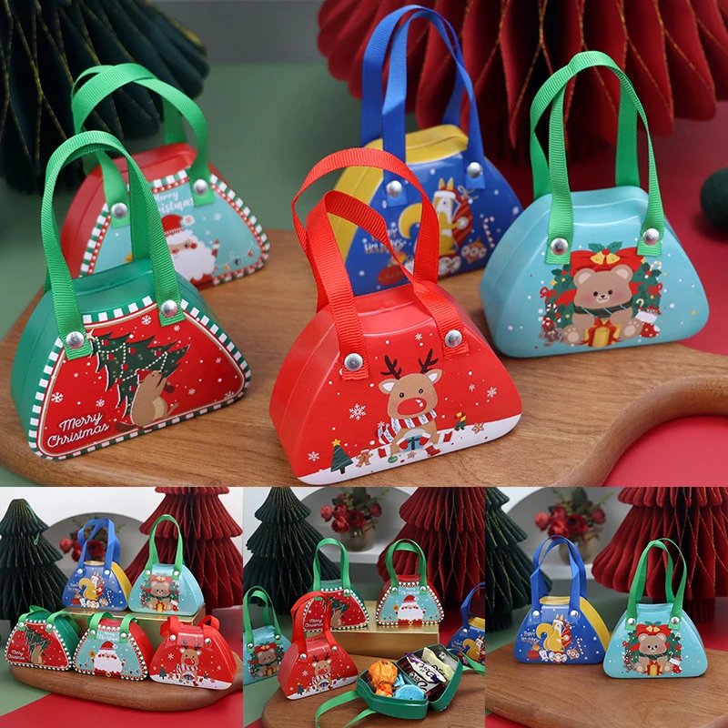 Christmas Tinplate Suitcase Candy Boxes With Handle Handheld Sweets Tins Portable Candies Holder Sugar Storage Container