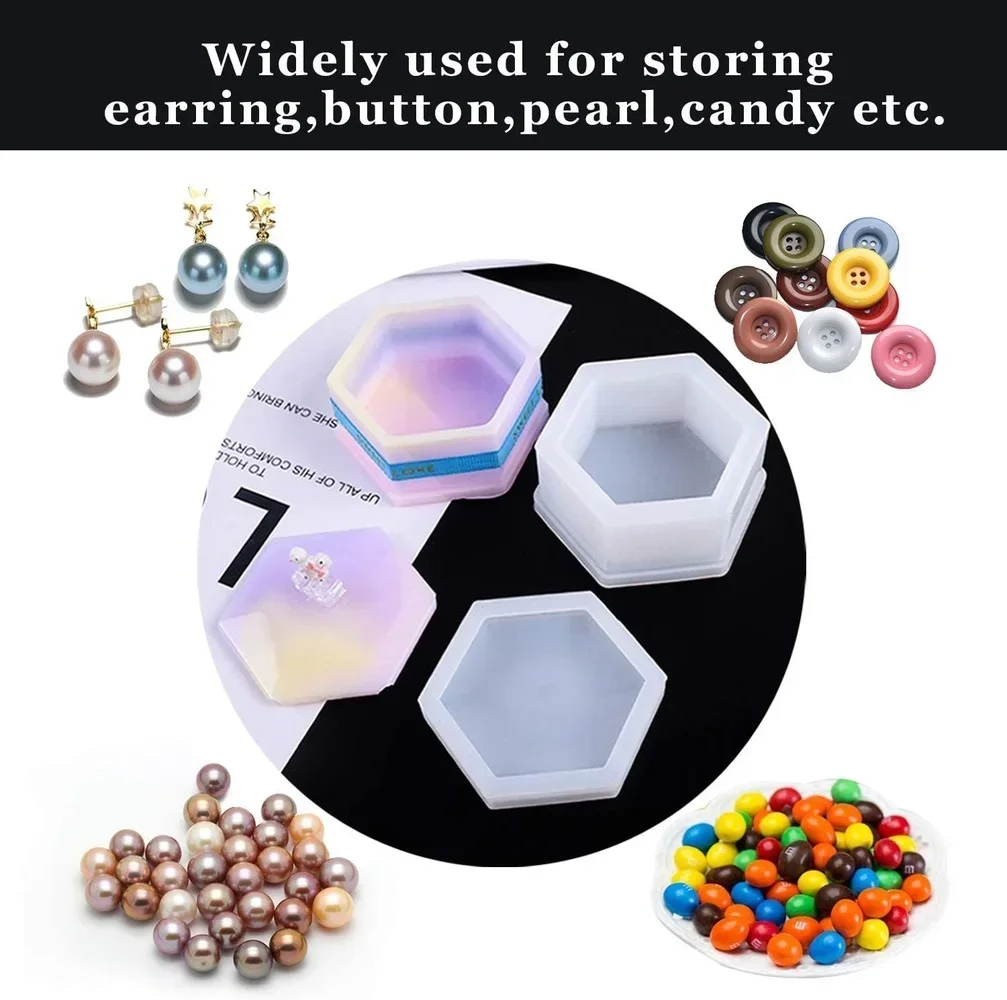 Heart Shape Jewelry Box Clay Resin Mold DIY Crafts Square Hexagon Storage Box Epoxy Casting Silicone Molds with Lid قوالب سيلكون