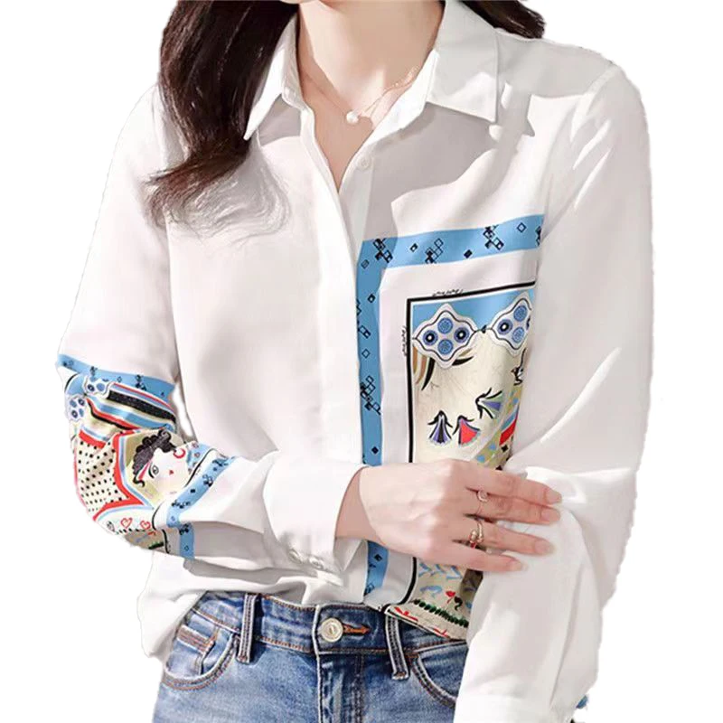 봄 한국 스타일 루즈핏 프린트 롱 슬리브 여성 쉬폰 셔츠 트렌디 디자인 캐주얼 편안한 폴리에스터 혼방