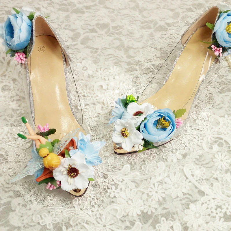 Beauty Flower with Angel PVC Wedding Shoes  Women Transaprent Bling Patchwork Pointed Toe flats Bridal Shoes for Ladies