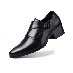 Cow leather men shoes Elegant height increasing shoes England trend chunky heel buckle dress shoes