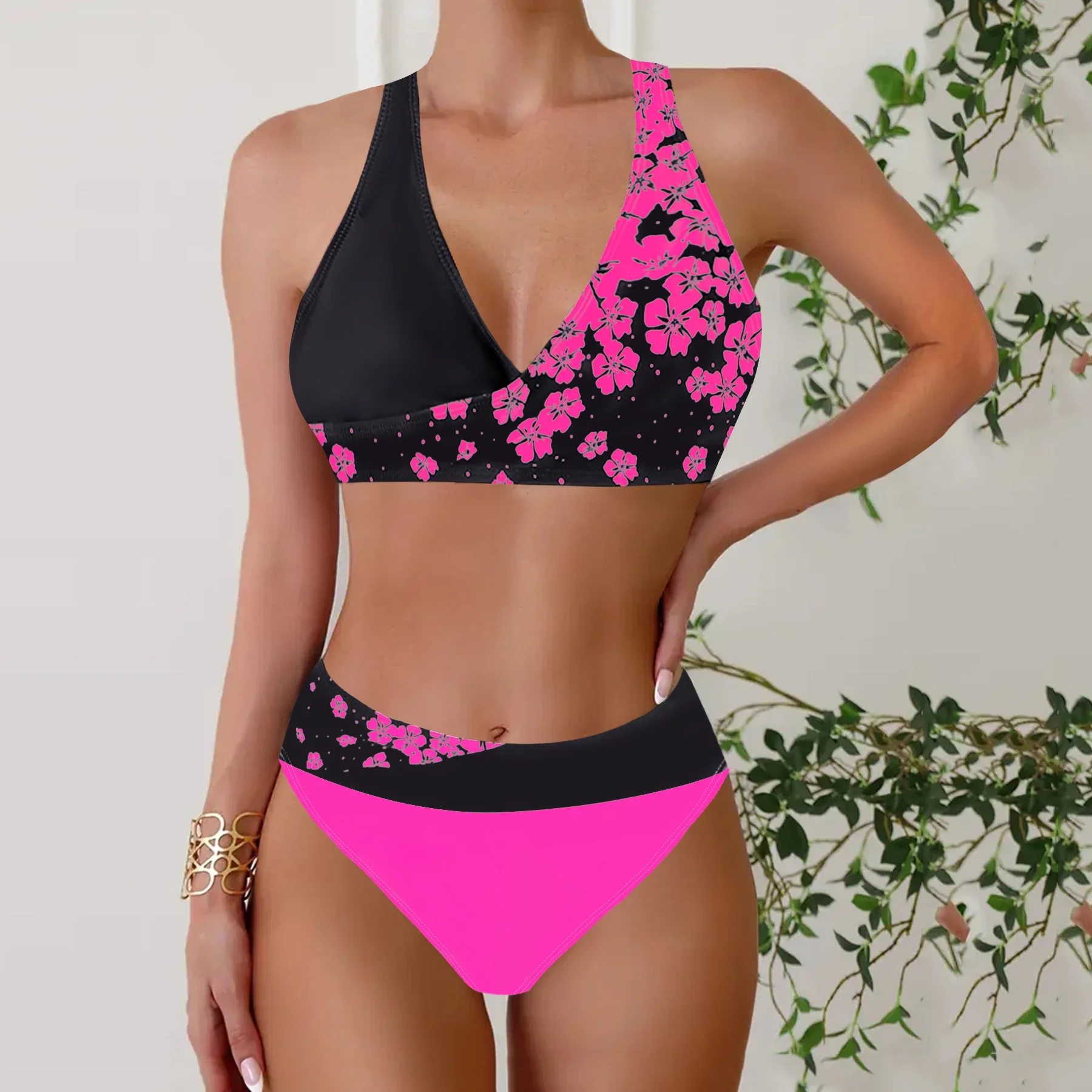 Women's Summer Vacation Tankini Set - High Stretch Crew Neck Swimsuit with Random Print, Knit Fabric 2 Piece Tropical Bikini