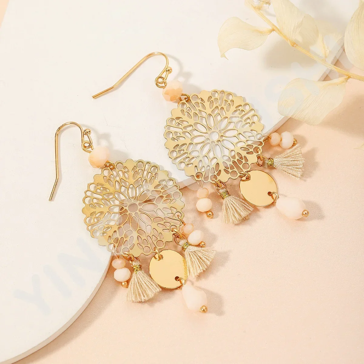 Creative Dream Catcher Tassel Crystal Earrings for Women Fashion Gold Hollow Round Leaf Flower Drop Dangle Earrings