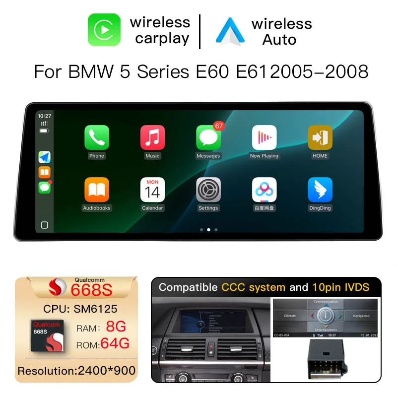 12,8" 2400*900 Hoge Resolutie Carplay Android 14 Autoradio voor BMW Serie 3 5 E60 E61 E63 E64 E90 E91 E92 E93 Stereo Multimedia Scherm GPS Navigatie