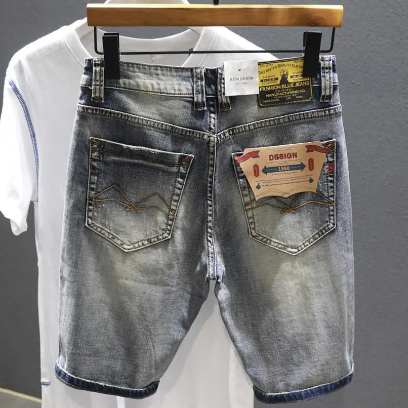 Men Gray Denim Shorts Holes Jeans Elastic Casual Shorts High Quality Male Stretch Cotton Denim Jeans Shorts Knee Length Jeans