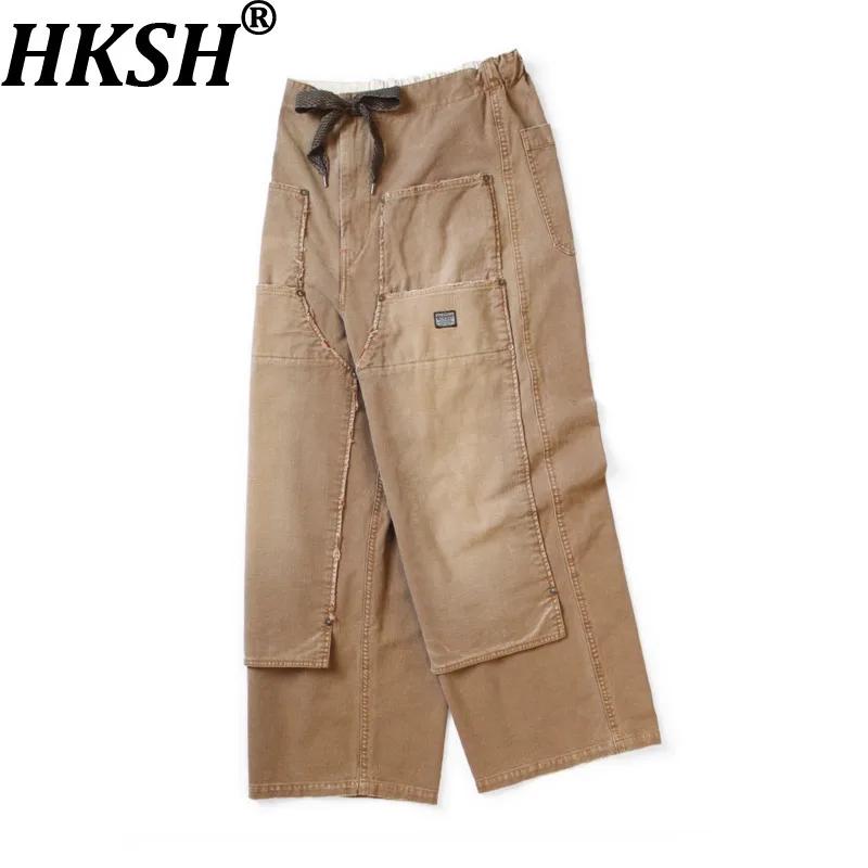 

HKSH Spring Autumn New Men Tide Punk Japanese-style Casual Retro Washed Distressed Cotton-linen Elastic Lumberjack Pants HK20709