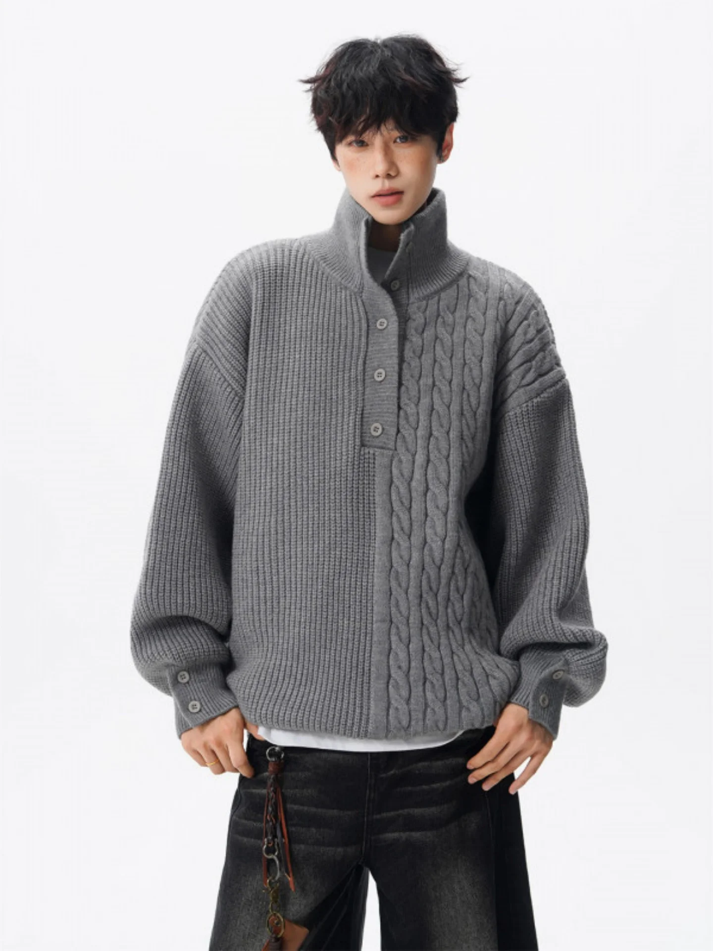 

Мужской утепленный вязаный свитер-кардиган с высоким воротником на пуговицах, осенне-зимний, в стиле кэжуал