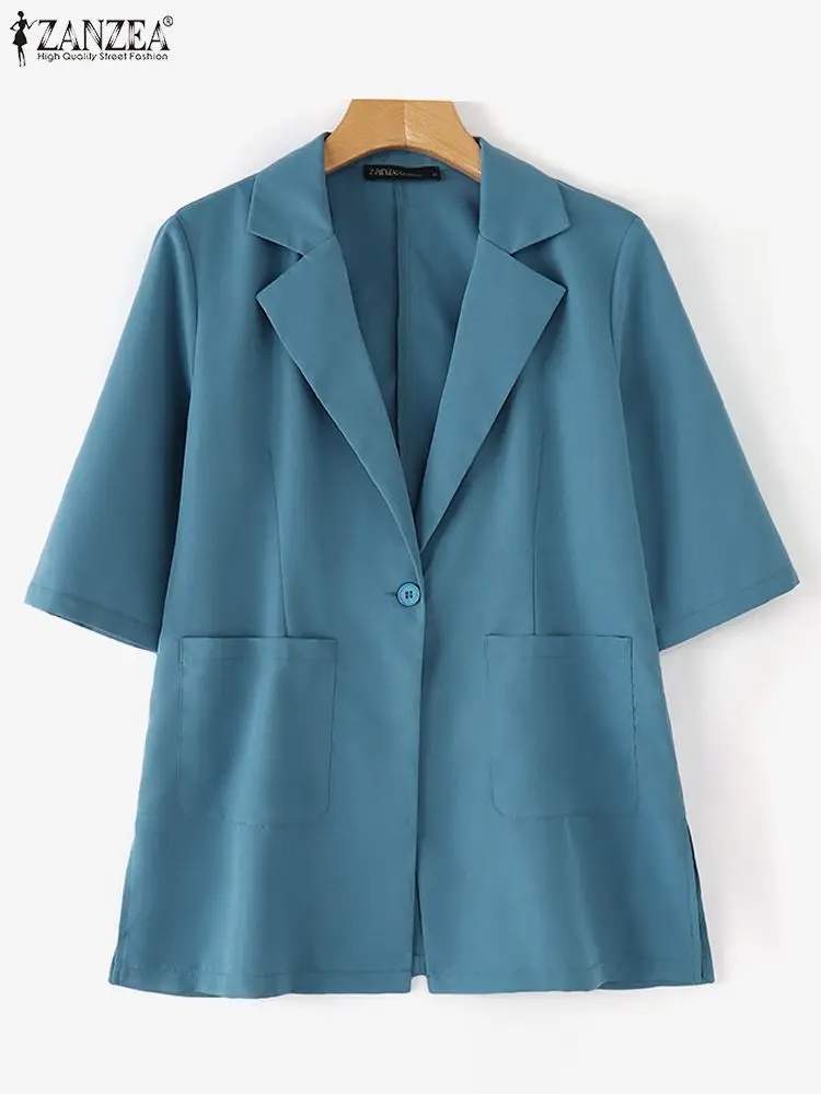 ZANZEA-Blazer de travail à revers à demi-manches pour femmes, chemise décontractée, ourlet fendu, col à revers, mince, avocat, femme, automne, 2024