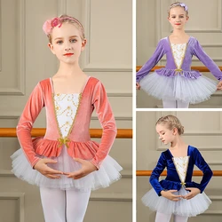 long sleeved velvet swan lake dance costume girl kids TUTU dress pink ballerina children dancewear embroided ballet dance dress