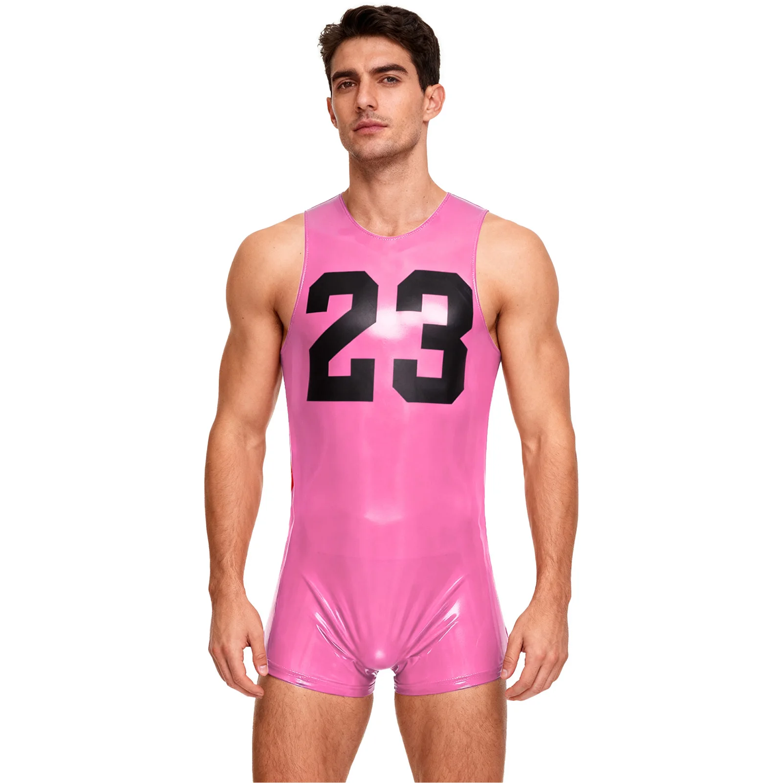 

Men Glossy Slim Fit Sporty Workout Bodysuit Front No 23 Print Sleeveless Jumpsuit for Basketball Player Gym Sport Outfits