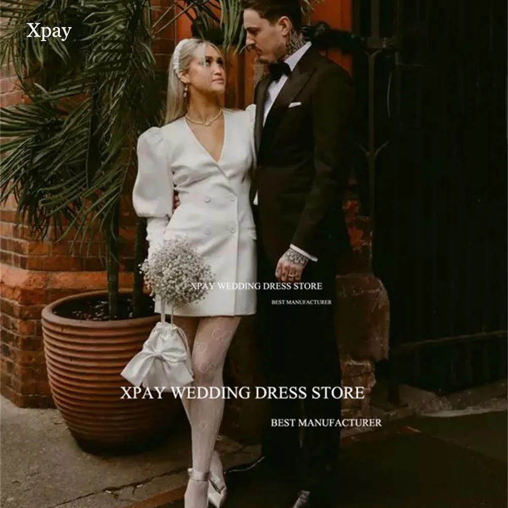 

XPAY Elegant V Neck Suit Short Wedding Dresses Satin A Line Long Sleeves Bridal Gowns Vestido de noiva Custom Garden Party Gown