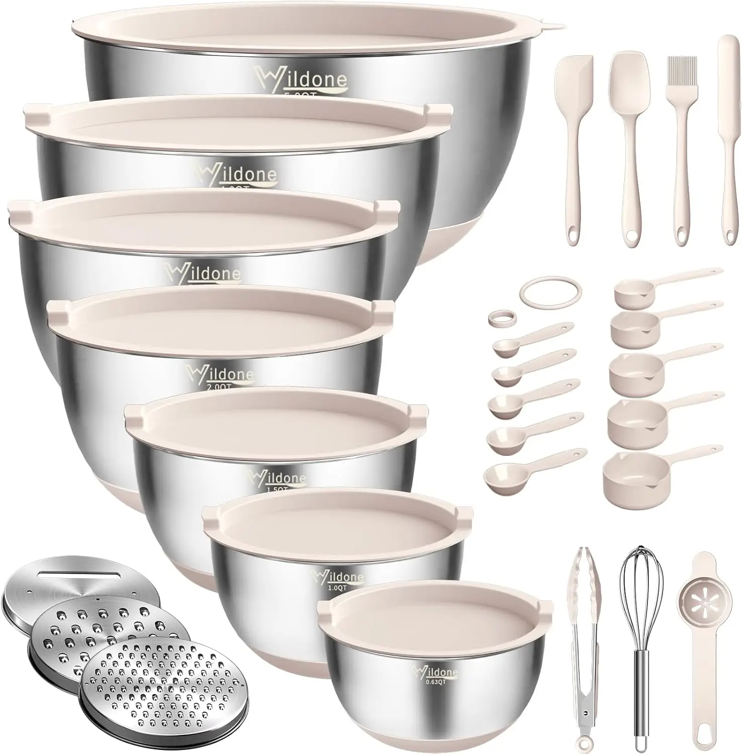 27 PCS Stainless Steel Nesting Bowls with Airtight Lids, 7 Sizes 0.63-5QT, Non-Slip, Grater Attachments