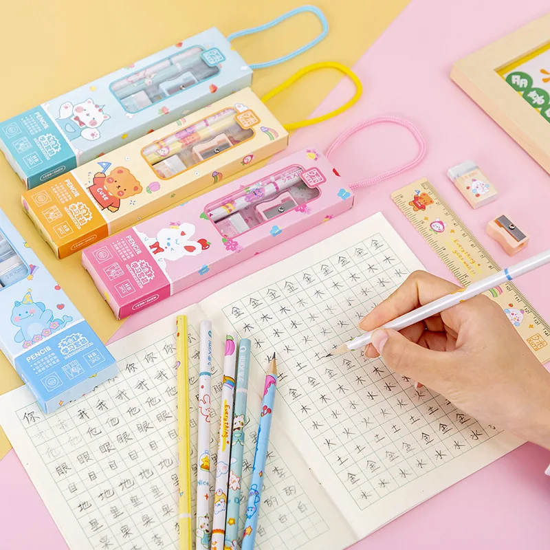 20Sets Cute Pencil Ruler Sharpener Set Portable Stationery Set Animal Cartoon Children Student School Supplies Stationery Gifts