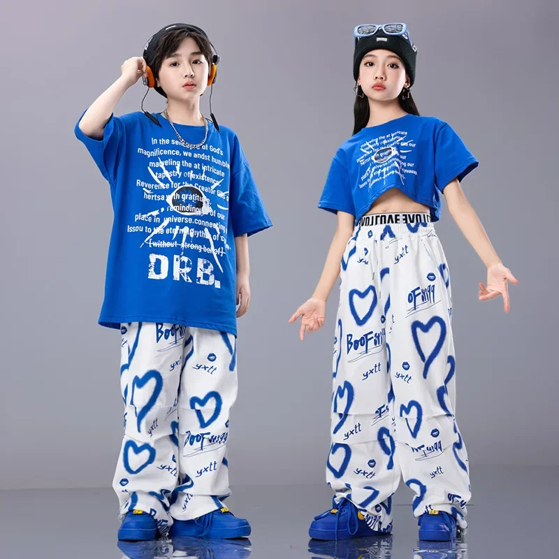 

Kids Hip Hop Street Clothing High Waist Blue T Blue Heart Print Overalls Pants for Girls Boys Costume Jazz Dance Clothes
