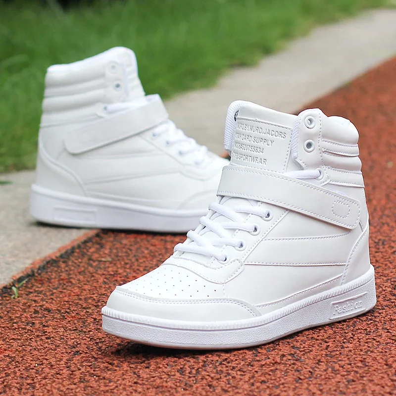 Merk Dames Ademende Hoge Skateboard Schoenen Casual Antislip Sportschoenen Dames Platform Verborgen Toenemende Lederen Sneakers