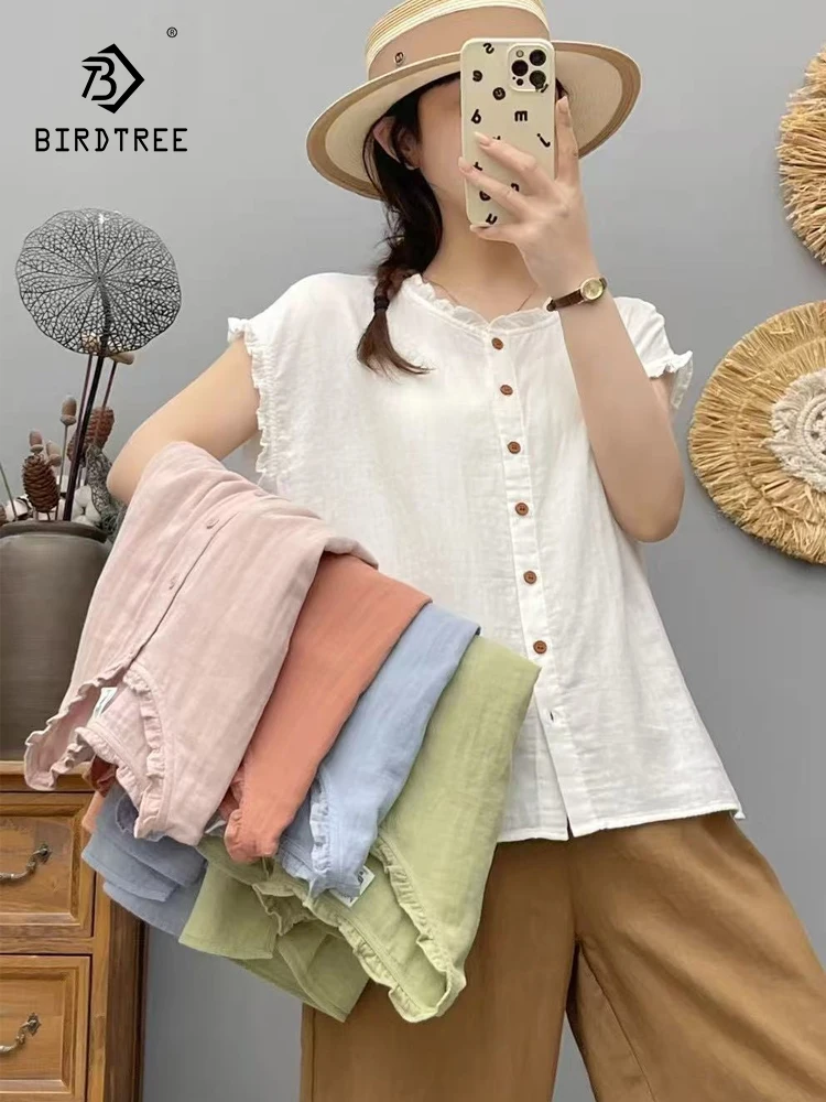 

New 2025 Summer Cotton Yarn Sleeveless Shirt, Women O Neck Ruffles Patchwork, Mori Girl Retro Comfortable Loose Blouse T570109CC