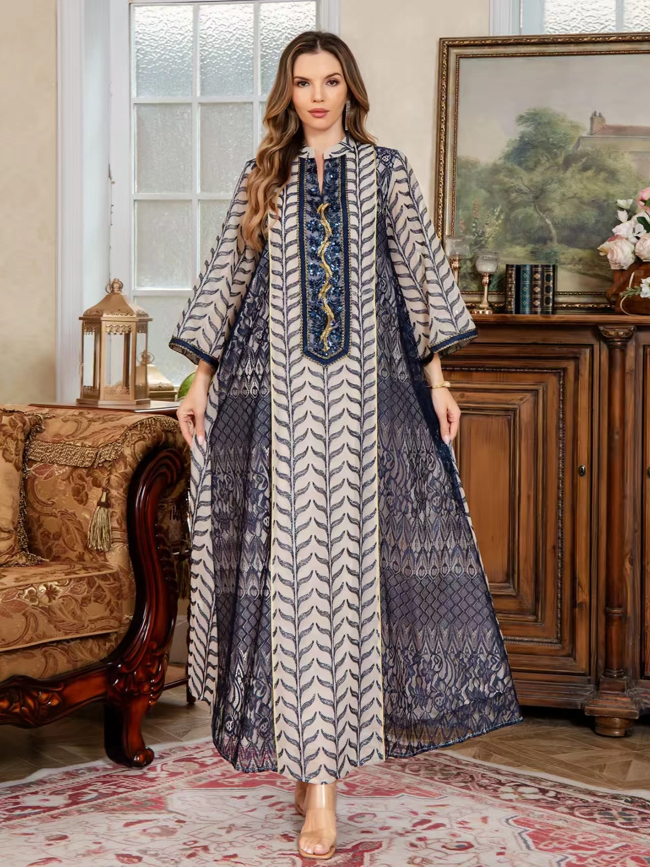 Fashionable Long Ethnic Style Dress Embroidered Mesh Robe Dress High Waist A-Line Skirt Long Sleeve Floral Pattern for Partie...