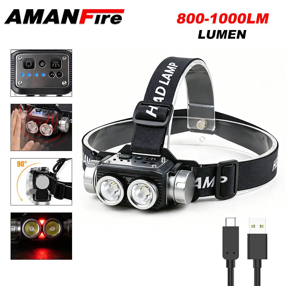 Amanfire T170 Induction Headlight LED Red Light 200M Range Memory Type-C Flashlight 90 ° IPX4 Camping Fishing Outdoor Headlight