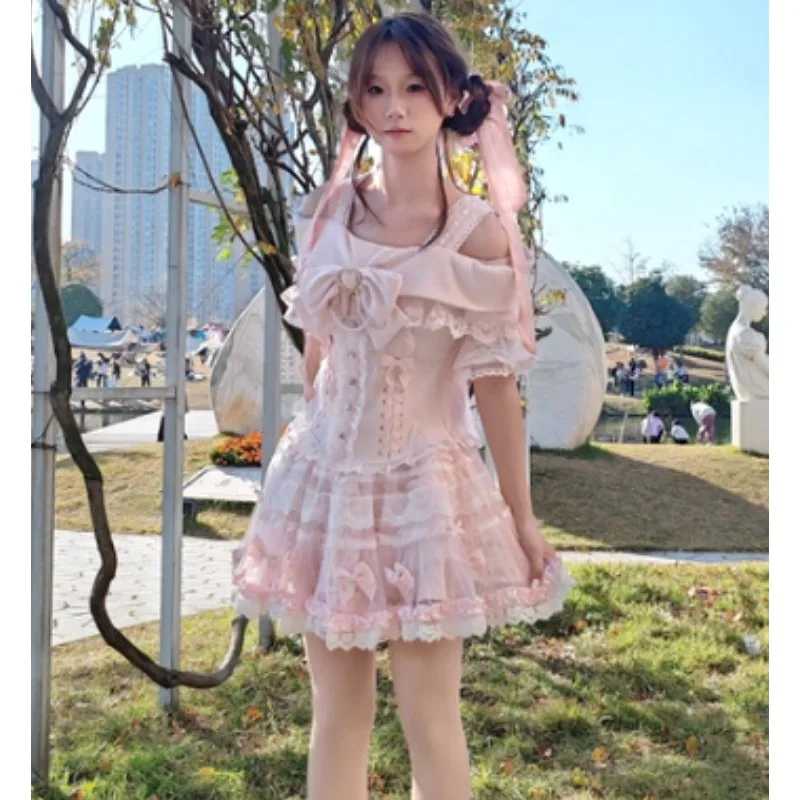 

Милый вязаный топ с бантом и открытыми плечами на двойных бретелях в японском стиле Лолита для девочек и женщин