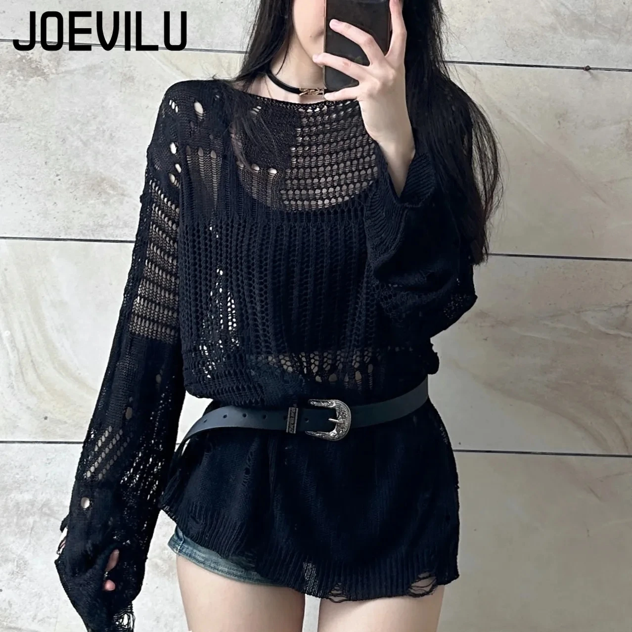 JOEVILU holle gebreide blouse zomer loszittende dunne trui met lange mouwen dames Koreaanse casual tops zwarte vintage gotische blouses