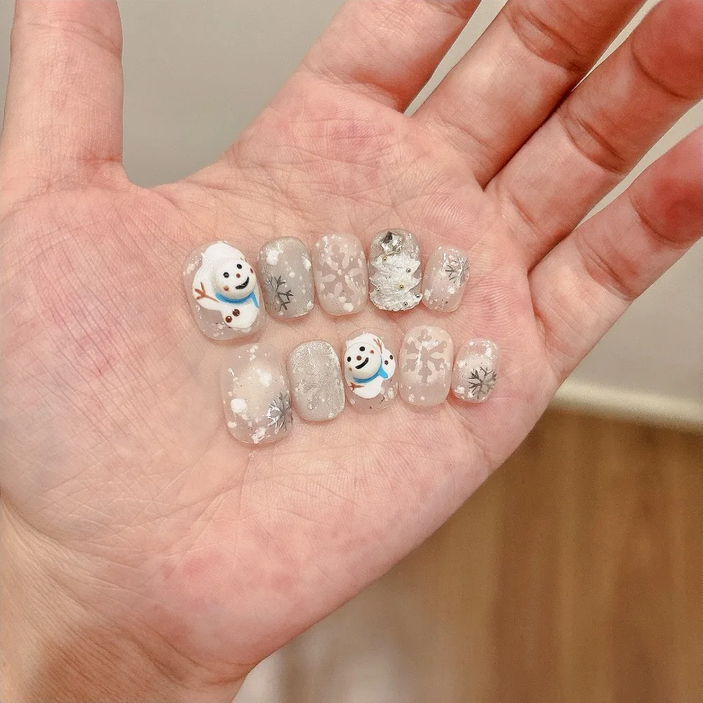 10 Pieces Winter Theme Cold Vibes Handmade Press On Nails Cute Snowman Snowflake White Christmas Tree Art Fake Nails
