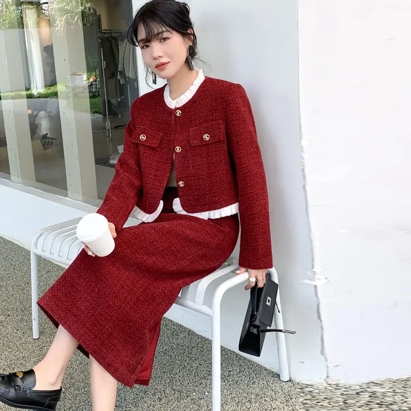 Fashion Women's Set Spring and Autumn New Korean Version Short Jacket for Women+half Body One Step Skirt Two-piece Set for Women