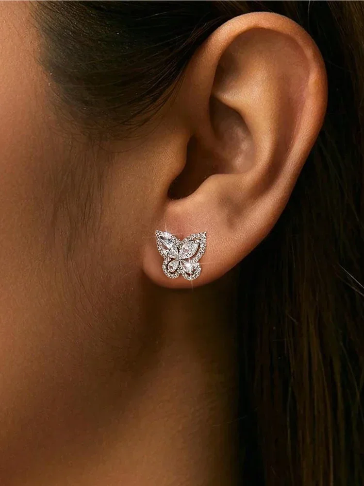 

925 Sterling Silver Simple Sparkling Hollowed Butterfly Zircon Earrings For Women Anniversary Party High Quality Fine Jewelry