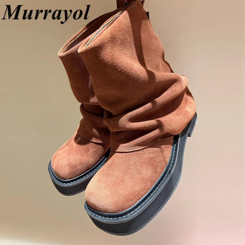 Square Toe Wrinkle Design Thick Bottom Short Boats Women Solid Color Mid-Calf Boots Winter Fashion Modern Boots Runway Boots