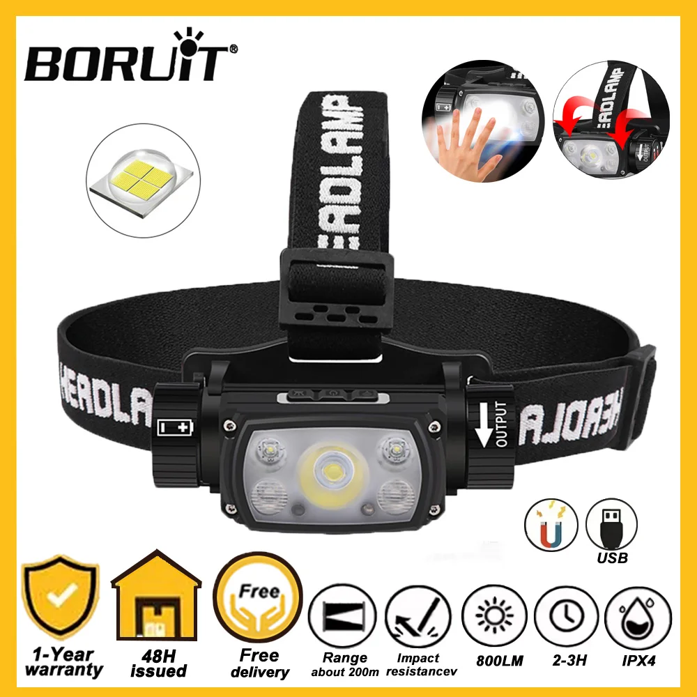 BORUiT XHP50 LED Headlamp 2000LM XPG 18650/21700 Super Bright Motion Sensor Headlight Type-C Rechargeable Waterproof Head Torch