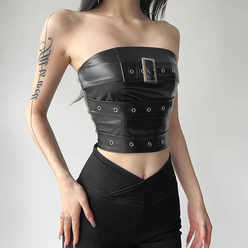 Sexy Off Shoulder Metal Buckle Imitation Leather Tank Top Women Sleeveless Bare Midriff Halter Crop Tops Tube Top Cropped Vest