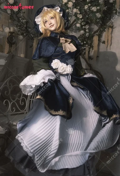 

MICCOSTUMES Women's Vocal Rin Cosplay Costume Vintage Lolita Dress with Cloak Hat and Bracelet Halloween Cosplay Costumes