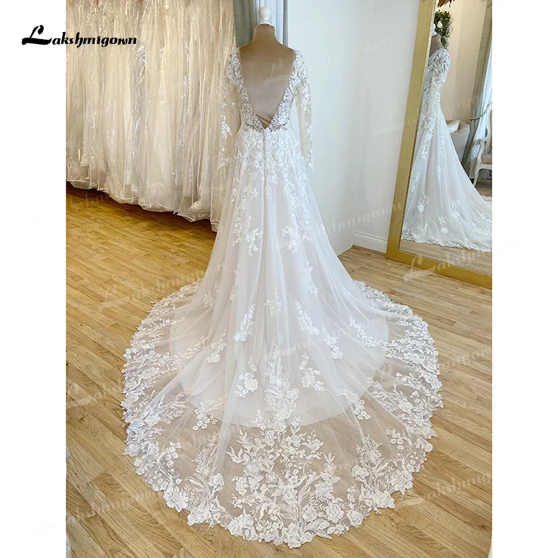 Requintado boho uma linha vestidos de casamento personalizado para as mulheres 2025 noiva sexy decote em v manga completa rendas apliques tule varredura vestido