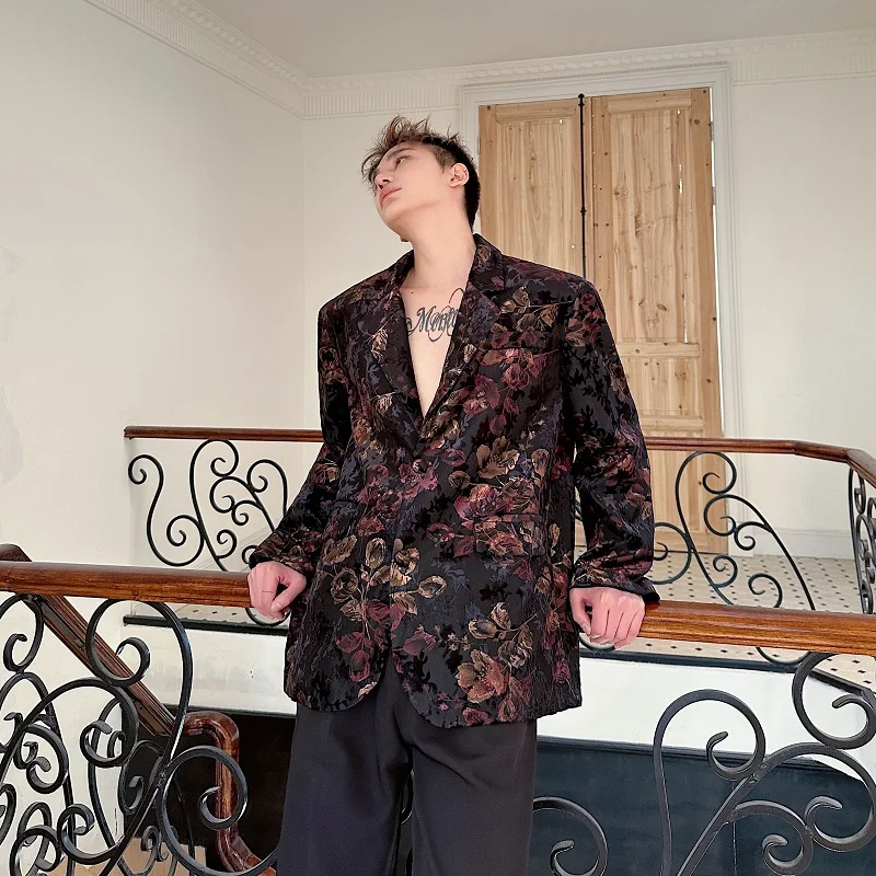 

New Chinese Sle Men's Floral Print Heavy Embroidery Casual Suit Loose Fit oulder Pad Jaet Sli Haome Youth Faion